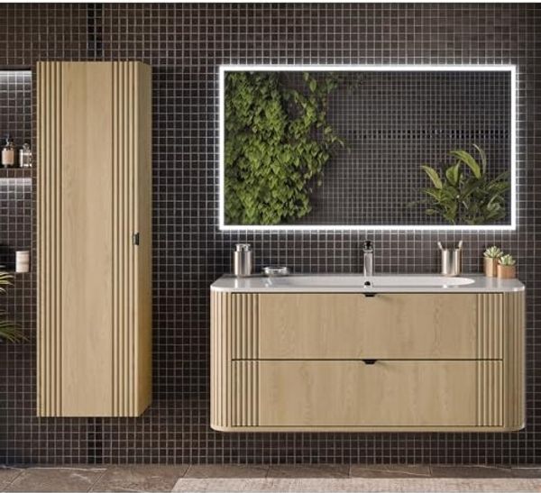 Lomadox Badmöbel-Set OLIVA-56, (Spar-Set, 3-St, Waschtisch Hochschrank), Eiche Rillen Keramik Waschbecken Metallgriffe modern LED Beleuchtung