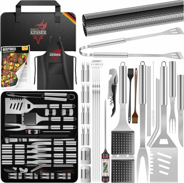 KESSER® Grillbesteck Set 37-teilig Grillzubehör aus rostfreiem Edelstahl Grillset mit Grillzange, Grillwender, 4in1 Grillspatel, Grillgabel, Grill-Spieß, Thermometer, Korkenzieher, Grillmatte & Tasche Silber