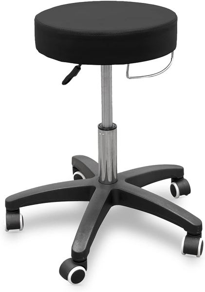 Quirumed Hocker mit rollbarem Untergestell und Handtuchhalter, Farbe Schwarz, Kunstleder, hochdichte Polsterung, leicht, mit Rollen, höhenverstellbar, bis 150 kg