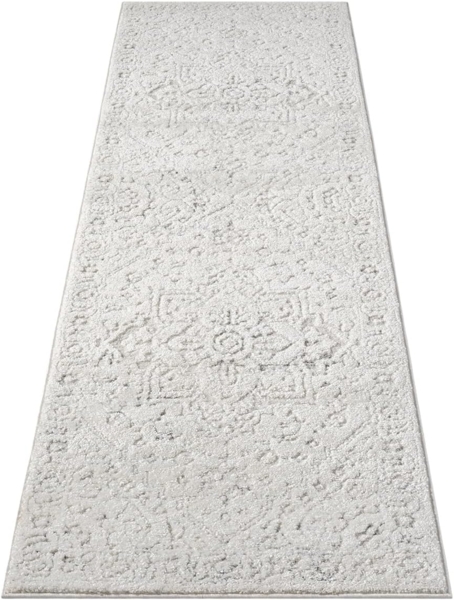 Teppich Läufer - 80x300cm Creme Bodenbelag Hochtief Struktur Flachflor - Ornamte Muster Boho Design Wohnteppich