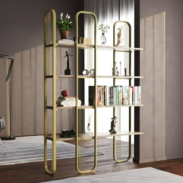 Dmora - Bücherregal Almena, Büroregal, Bücherregal, Bibliothek, 125 x 28 x 180 cm, Gold