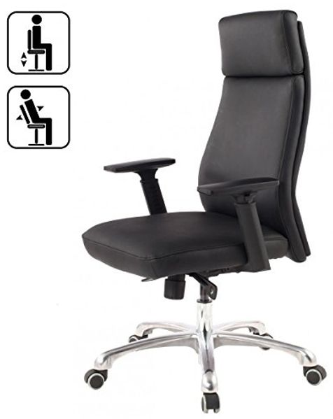 Bürostuhl PORTO Echt-Leder Schwarz ergonomisch mit Kopfstütze, Design Chefsessel Schreibtischstuhl ergonomisch mit Wippfunktion, Drehstuhl mit Armlehnen X-XL 120 kg Bild 4
