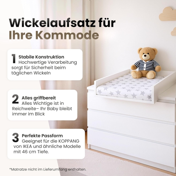 REGALIK Wickelaufsatz für Koppang IKEA 72x50 cm - Abnehmbar Wickeltischaufsatz für Kommode in Asche - Abgeschlossen mit ABS Material 2mm mit Abgerundeten Frontplatten Bild 3
