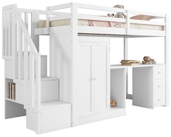 SOFTWEARY Hochbett mit Lattenrost und Kleiderschrank (90x200 cm) Einzelbett mit Rausfallschutz, Kiefer