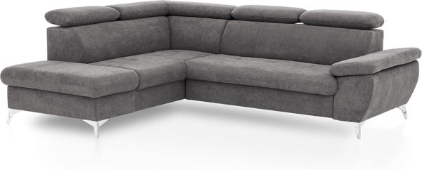 Mivano Eckcouch Gisele / Ecksofa mit Schlaffunktion, Stauraum, Armteilfunktion und Kopfteilverstellung / 256 x 83 x 209 / Velours, Dunkelgrau