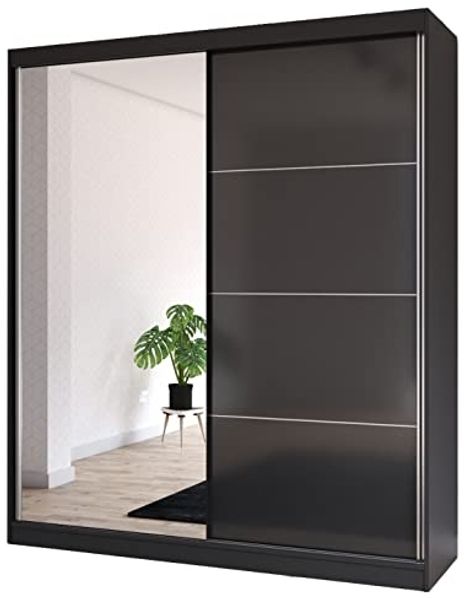 Fabryka Mebli Idźczak Schiebetürenschrank, eleganter Kleiderschrank Schrank Garderobe Spiegel Multi 31-180 cm, Schlafzimmer- Wohnzimmerschrank Schiebetüren Modern Design (Schwarz/Schwarz)