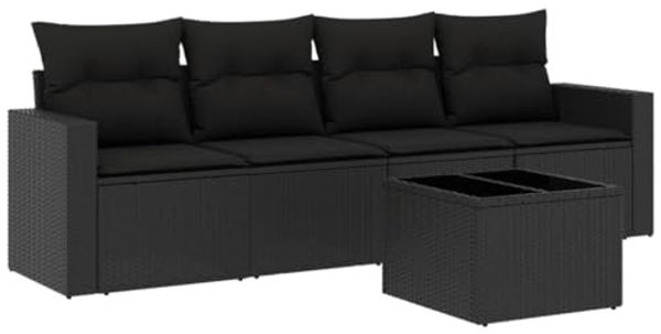 vidaXL 5-tlg. Garten-Sofagarnitur mit Kissen Schwarz Poly Rattan 3218675