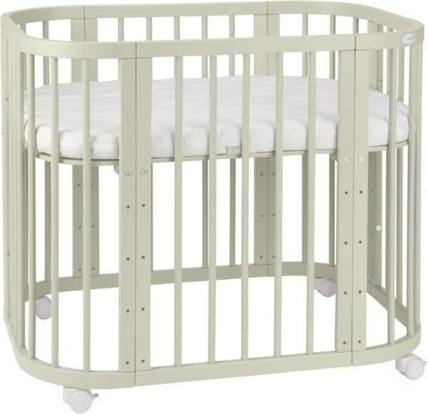 Waldin Babybett 5in1, Beistellbett aus Holz, Matratze, Belüftet, Boden 5-fach Verstellbar Ohne Stoffset, Holz olive