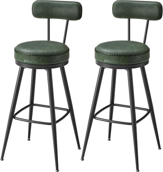 VASAGLE EKHO Kollektion - 360° drehbarer Barhocker, 2er Set, Hocker mit Rückenlehne für Bartisch, Kunstleder mit Nähten, Mid-Century-Modern-Stil, 76 cm hoch, Küche, Hausbar, waldgrün