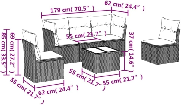 vidaXL 6-tlg. Garten-Sofagarnitur mit Kissen Grau Poly Rattan 3249199 Bild 3