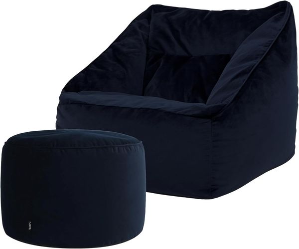 Icon Natalia Sitzsack Sessel mit Sitzpuff für Erwachsene, Dunkelblau, Flauschiger Samtstoff, Riesen Sitzsack Samt mit Füllung, Bean Bag Chair, Bequemer Sessel Wohnzimmer, Lounge, Schlafzimmer, Büro
