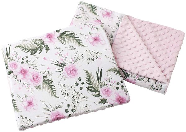 Medi Partners Babydecke Krabbeldecke mit Kissen 100% Baumwolle Minky Kinderdecke 55x75 + 35x30 cm multifunktional für Kinderwagen Babyschale Wiege (Blument mit Hellrosa Minky)