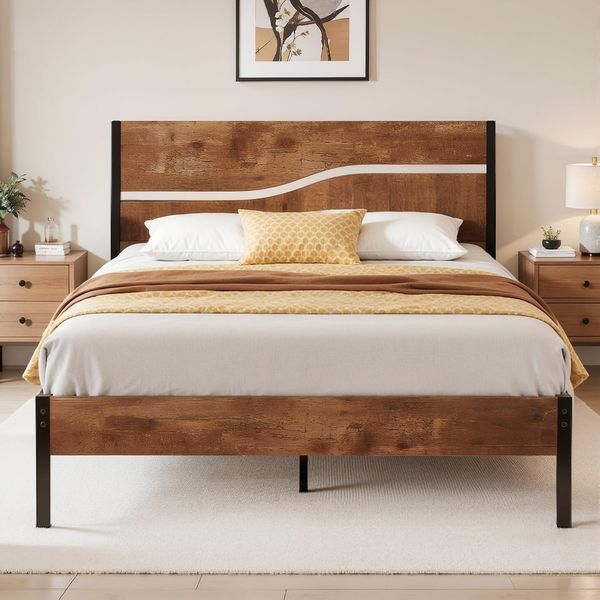 VECELO Bettgestell 140x200 cm Bettrahmen mit Lattenrost, Doppelbett Metallbett mit Dick Holzkopfteil, Modern Gästebett Jugendbett, Perfekt für Erwachsene und Jugendliche, Braun