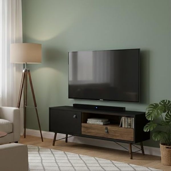 Dmora - Fernsehschrank Yvette, Ständer für Wohnzimmerfernseher, Niedriges Wohnzimmer-Sideboard, TV-Ständerbasis, 150x40 h60 cm, Schwarz und Walnuss