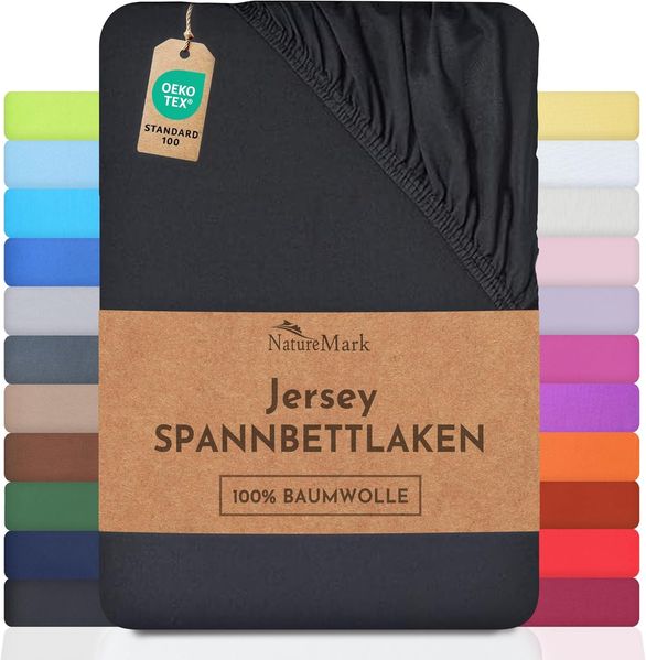 NatureMark Jersey Spannbettlaken, Spannbetttuch 100% Baumwolle in vielen Größen und Farben MARKENQUALITÄT ÖKOTEX Standard 100 | 180x200 cm - 200x200 cm - schwarz