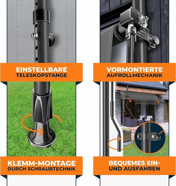 KESSER® Klemmmarkise mit Handkurbel & LED Lichterkette | Balkonmarkise ohne Bohren | Markise UV-beständig höhenverstellbar & wasserabweisend | Sonnenschutz für Balkon Terrasse & Garten Anthrazit, 200cm Bild 3