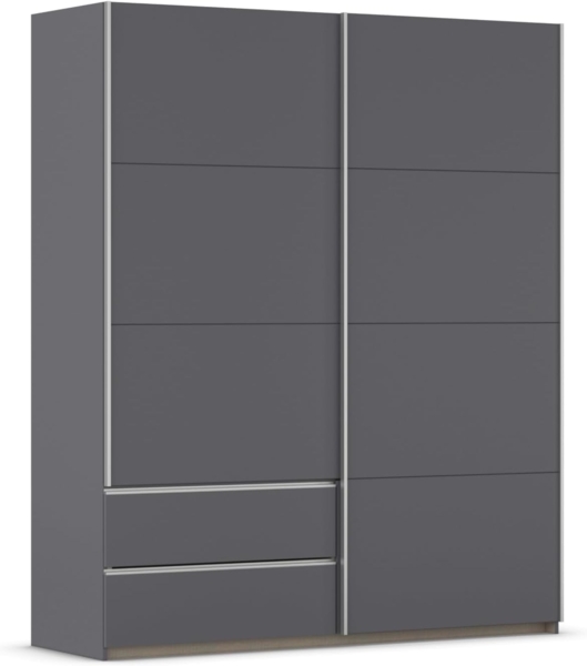 Rauch Möbel Stoke, Schwebetürenschrank, Garderobe, 2-türig, 2 Schubladen, mit Zubehörpaket Premium, 4 Einlegeböden und Türdämpfer, Farbe Grau metallic, Schwarz, Griffleisten Alufarben, 175 x 210 x 59 cm