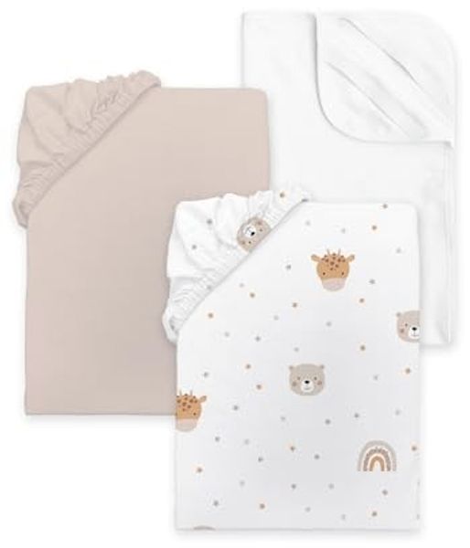 Herding babybest Spannbettlaken-Set, Little Friends, 3-teilig, 2X Spannbettlaken, 1x Matratzenschoner (100% wasserdicht), Für Kinderwagen und Wiege, ca. 35x75 cm