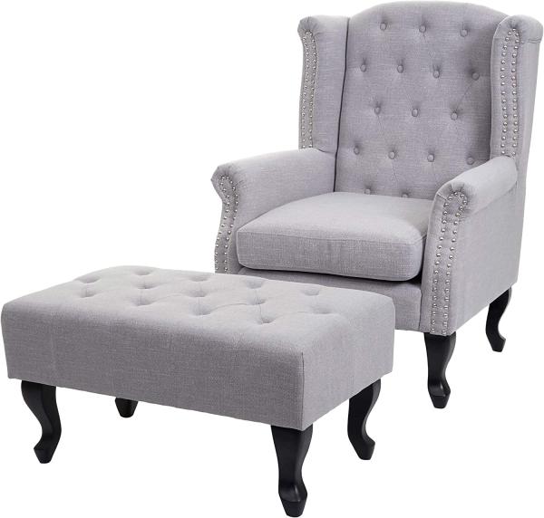 Sessel Chesterfield, Relaxsessel Clubsessel Ohrensessel, wasserabweisend Stoff/Textil ~ grau mit Ottomane