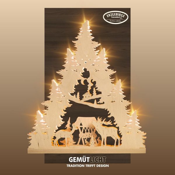 Weigla Lichterbogen Hirschfamilie, Lichterspitze aus Holz, NATUR, Made in Germany (1-tlg), Erzgebirge garantiert, Weihnachtsdeko Innen, Weihnachtsbeleuchtung