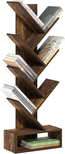Furinno Tree Bücherregal 7-stufiges bodenstehendes Baumbücherregal mit unterem Regal, Bernsteinkiefer