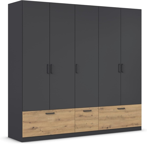 Rauch Möbel Bari, Drehtürenschrank, 5-türig, Kleiderschrank Grau-Metallic/Eiche Artisan, 3 Schubladen, 226 x 210 x 54 cm