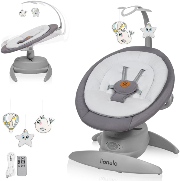 Lionelo MELL Elektrische Babywippe mit 360o Drehung für Babys bis 9 kg Verstellbare Rückenlehne 5 Schaukelgeschwindigkeiten Bewegungserkennung Sitzgurte 12 Melodien Spielzeugbügel Fernbedienung