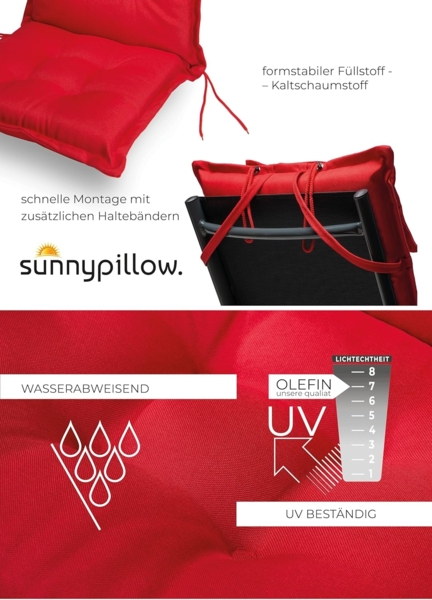 sunnypillow 2er Set Gartenstühle und Gartenstuhlauflagen Hochlehner | 120 x 50 x 9 cm Hochlehner Auflage wasserdicht UV-lichtecht | Klappsessel Klappstuhl für Garten Polsterauflagen Stuhlauflage | Rot Bild 4