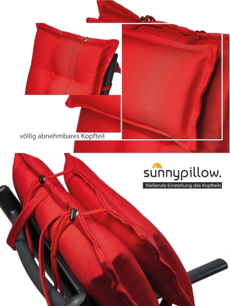 sunnypillow 2er Set Gartenstühle und Gartenstuhlauflagen Hochlehner | 120 x 50 x 9 cm Hochlehner Auflage wasserdicht UV-lichtecht | Klappsessel Klappstuhl für Garten Polsterauflagen Stuhlauflage | Rot Bild 7