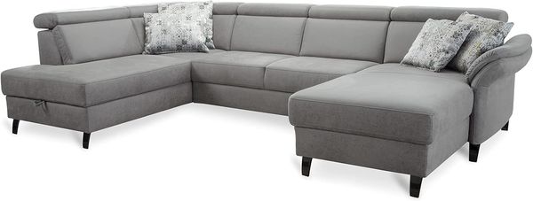 Cavadore Wohnlandschaft Ammerland mit Federkern, Schlafsofa mit Bettfunktion und Bettkasten, inkl. Kopfteilverstellung, 317 x 84 x 193, lederoptik hellgrau
