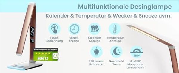 EAXUS LED Schreibtischlampe Tischleuchte mit RGB-Farbwechsel und Dimmfunktion, LED fest integriert, Variabel, warmweiß, Tageslichtweiß, kaltweiß, Display mit Uhrzeit, Datum, Temperatur