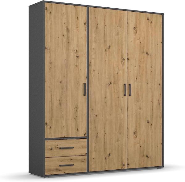 rauch Kleiderschrank; Drehtürenschrank VOYAGER, 3-türig, 2 Schubkästen, Eiche Artisan/Graumetallic, 140x194x53xcm