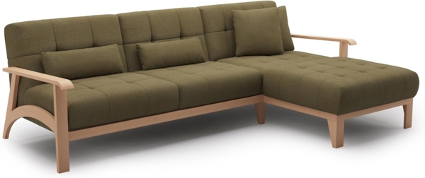 Cavadore Ecksofa Billan / Eckcouch im skandinavischen Design mit Longchair und massivem Holzgestell in Buche / 264 x 88 x 183 / Mehrfarbiger Strukturstoff, Grün