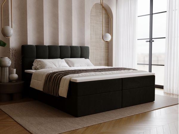 GrainGold Boxspringbett mit Bettkästen MAISON, Bett mit Kopfteil - 200x200 cm, Dunkelgrau (1x Bett + 1x Topper)
