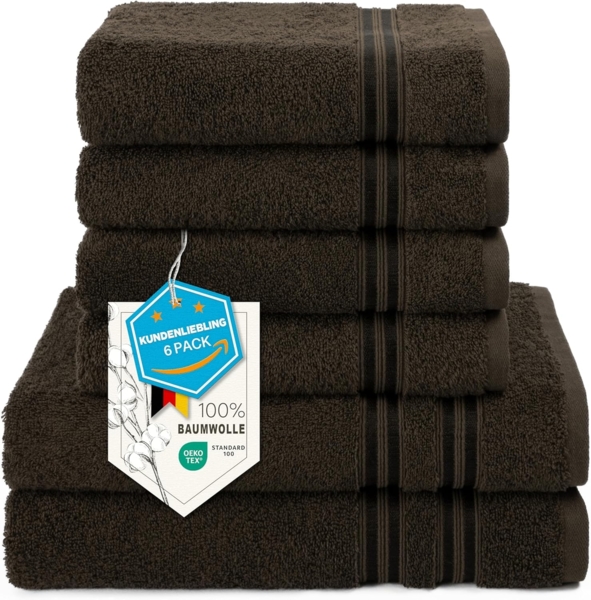 Hammetex 6 teiliges Handtuch Set, 100% Baumwolle Weich Saugstark Qualität Handtücher Set, 2 Badetücher 70x140 cm, 4 Handtücher 50x100 cm, Braun