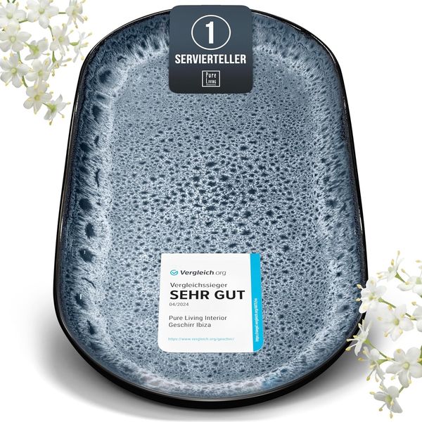 Steingut Servier Teller Groß Ibiza TESTSIEGER, Traumhafte Mediterrane Steingut Servierplatte, Serving Plate Oval, Servierteller Groß - Pure Living in Rauchblau
