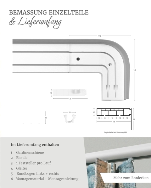 GARESA Schienensystem Kunststoffschiene mit Blende, 2-läufig, Wunschmaßlänge, mit Bohren, verschraubt, Kunststoff, seitlich mit 2 Rundbögen (kein Spalt zwischen Vorhang und Wand) Bild 5