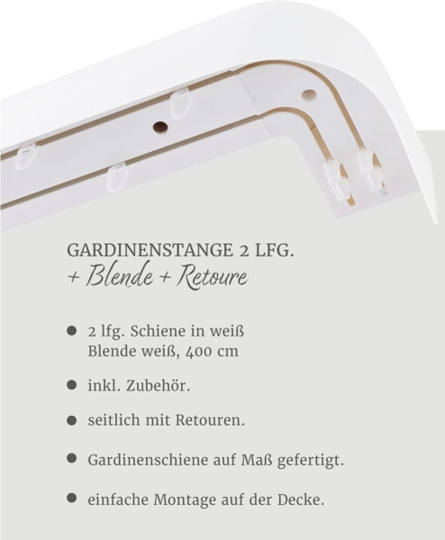 GARESA Schienensystem Kunststoffschiene mit Blende, 2-läufig, Wunschmaßlänge, mit Bohren, verschraubt, Kunststoff, seitlich mit 2 Rundbögen (kein Spalt zwischen Vorhang und Wand) Bild 3