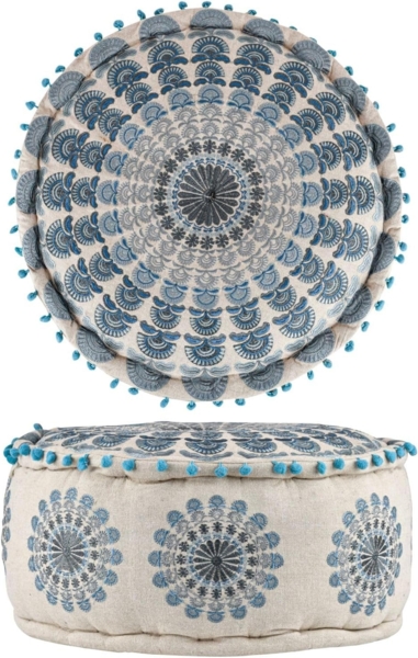 Marrakesch Orient & Mediterran Interior Pouf Pouf Garet Blau, runder Baumwoll-Sitzpouf bestickt 50x25 cm (1-St), Handarbeit