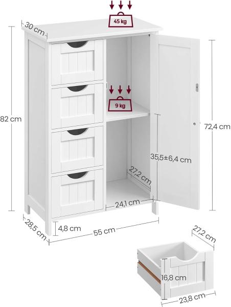 Vasagle Badezimmerschrank mit 4 Schubladen und verstellbarer Ablage, MDF weiß, 82 x 30 x 55 cm Bild 3