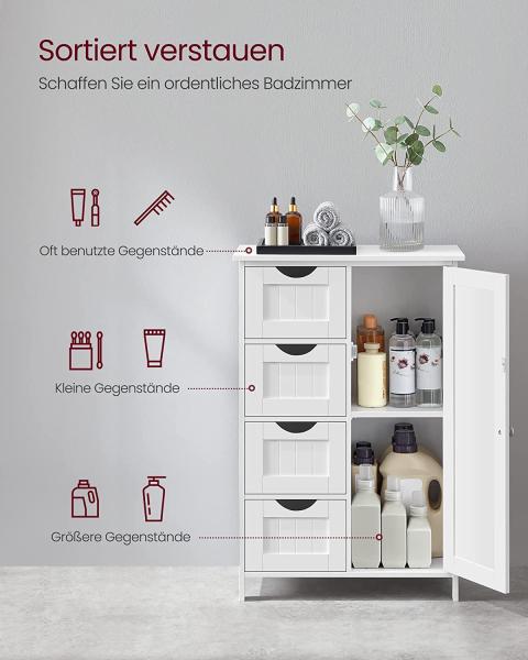 Vasagle Badezimmerschrank mit 4 Schubladen und verstellbarer Ablage, MDF weiß, 82 x 30 x 55 cm Bild 5