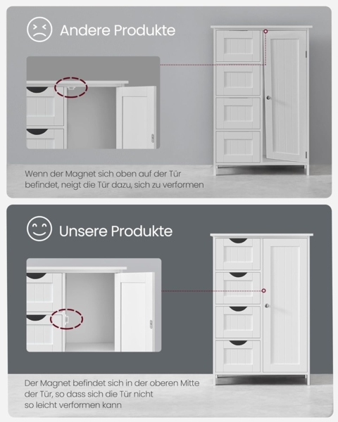 Vasagle Badezimmerschrank mit 4 Schubladen und verstellbarer Ablage, MDF weiß, 82 x 30 x 55 cm Bild 9