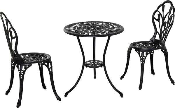 Outsunny Sitzgruppe 3-teilige Essgruppe Gartenmöbel-Set 1 Tisch+2 Stühle mit Schirmloch Terrasse Aluminium Schwarz Ø60x67H cm