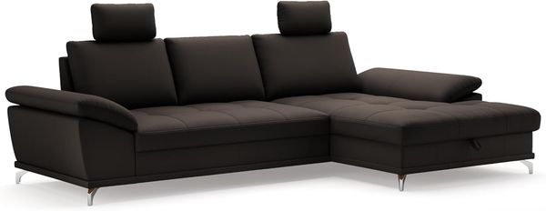 Cavadore Ecksofa Castiel mit Federkern / Eckcouch mit großem Longchair, Sitztiefenverstellung, Kopfstützen und mattschwarzen Metallfüßen / 301x89-114x176 / Echtleder, Dunkelbraun
