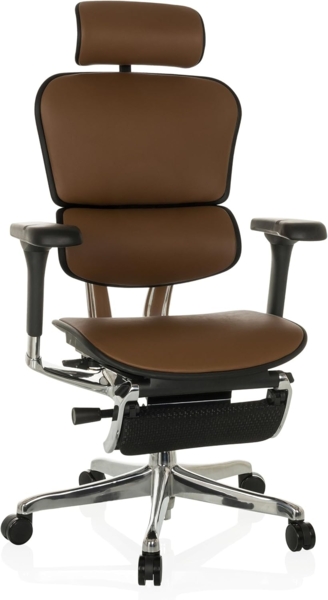 hjh OFFICE Profi Chefsessel mit Fußablage ERGOHUMAN Plus LEGPRO I Leder Bürostuhl mit Vollausstattung ergonomisch, Originales Design, Braun