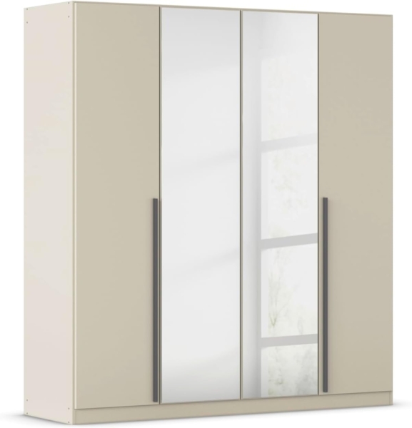 rauch Kleiderschrank Alba, Drehtürenschrank, Garderobenschrank, 4-türig, mit Spiegel, mit 2 Kleiderstangen und 2 Einlegeböden, Farbe Champagner, Beige, Griffstange Grau metallic, Schwarz, 181x197x56cm