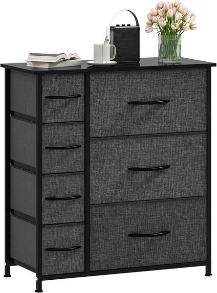 DWVO Kommode mit 7 Schubladen, Schrank aus Stoff mit Griffen, Metallgestell & MDF-Holzplatte, langlebig, für Schlafzimmer & Wohnzimmer,Schwarz Grau