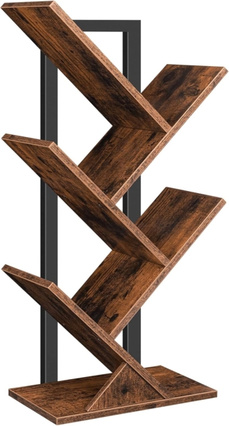 HOOBRO Bücherregal, Standregal mit 4 Ebenen, Holz DVD Regal, in Baumform, Metallgestell, für Wohnzimmer, Arbeitszimmer, Kinderzimmer, Vintagebraun EBF04SJ01G1