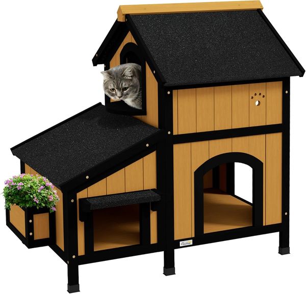 PawHut Tierhöhle Katzenhaus aus Holz, Katzenhütte mit mehreren Eingängen, 2 Etagen, mit Asphaltadach, Blumenkasten, für Katzen bis 7 kg, Gelb