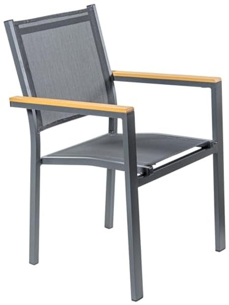 DRW Stuhl aus Aluminium und Textilene mit Armlehnen aus Holz Kunststoff in Anthrazit, 60 x 55 x 86 cm